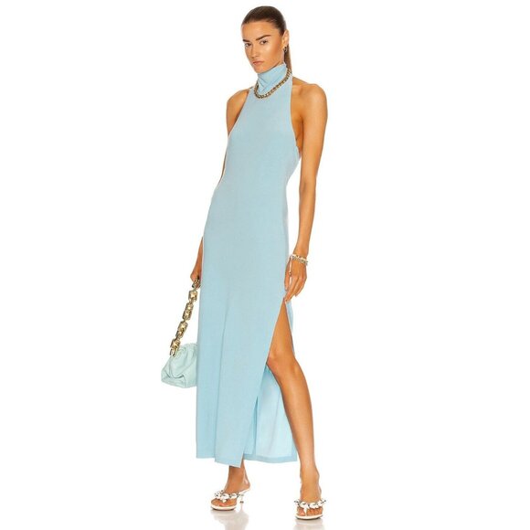 Norma Kamali Halter Turtle Side Slit Gown in Powder Blue X-Small Womens Dress - Picture 1 of 16